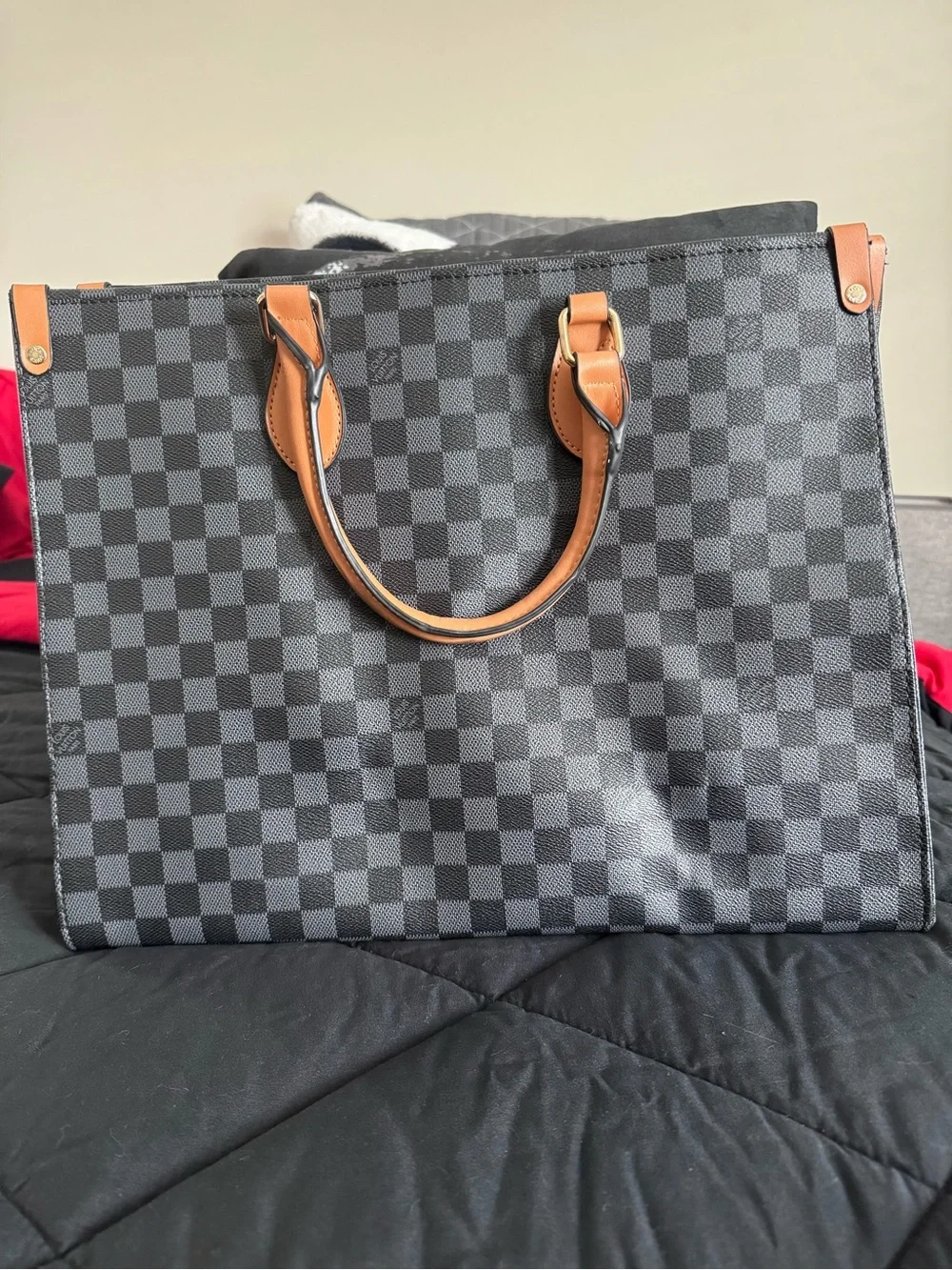 Inspired Black Checker Tote Bag with Tan Handles.